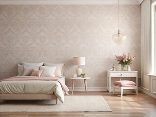 Soft, pale pink wallpaper with subtle texture and delicate sheen, adorning a serene and calming interior space with gentle, feminine charm.