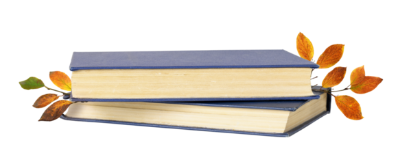 Two old books with seasonak autumn leaves isolated on white or transparent background