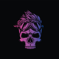 Hipster skull with motorcycle glasses and trendy hairstyle. Original vector illustration in vintage style isolated on black background. T-shirt design.