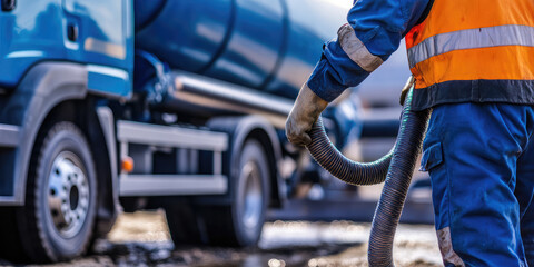 Worker connects a suction hose to a sewage tanker truck. Septic tank maintenance. Sewer pumping machine. 
