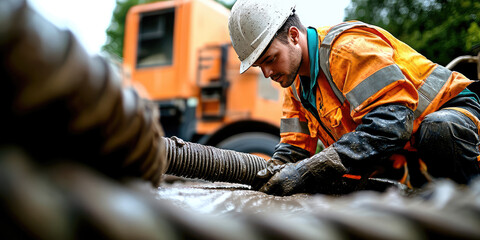 Worker connects a suction hose to a sewage tanker truck. Septic tank maintenance. Sewer pumping machine. 