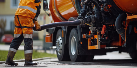 Worker connects a suction hose to a sewage tanker truck. Septic tank maintenance. Sewer pumping machine. 