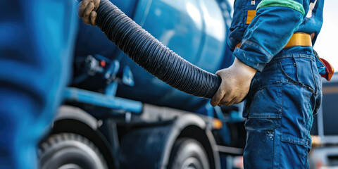 Fototapeta premium Worker connects a suction hose to a sewage tanker truck. Septic tank maintenance. Sewer pumping machine. 