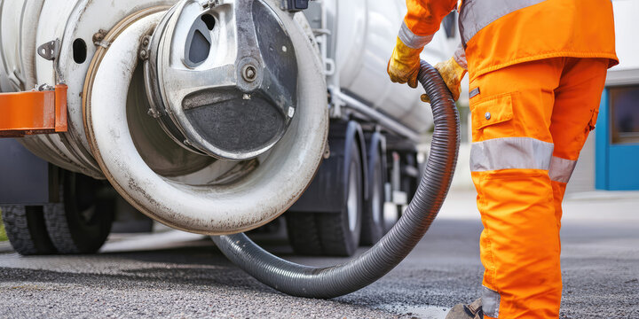 Worker connects a suction hose to a sewage tanker truck. Septic tank maintenance. Sewer pumping machine. 