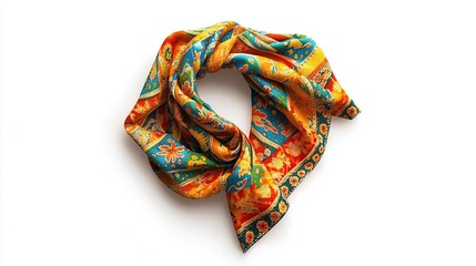 A vibrant, patterned scarf folded elegantly, showcasing intricate designs and colors.