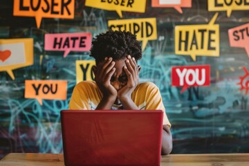 Teenager overwhelmed by cyberbullying, sitting in front of a laptop with head in hands, surrounded by hateful messages, representing the psychological impact of online harassment.