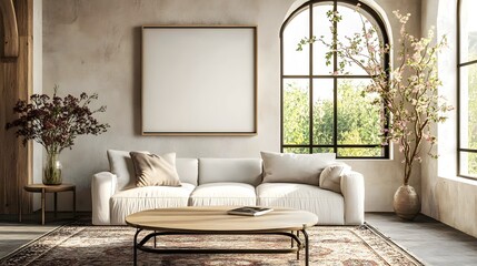 A modern living room featuring a white sofa, a vintage coffee table, an arched window, and a large, empty art poster frame, with a patterned rug beneath the coffee table and a vase of fresh flowers