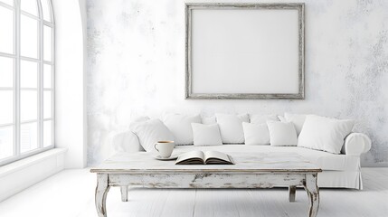 A vintage coffee table with a worn wooden surface and peeling paint, adorned with a cup of tea and a book, placed in front of a white sofa against a backdrop of an arched window and a white wall