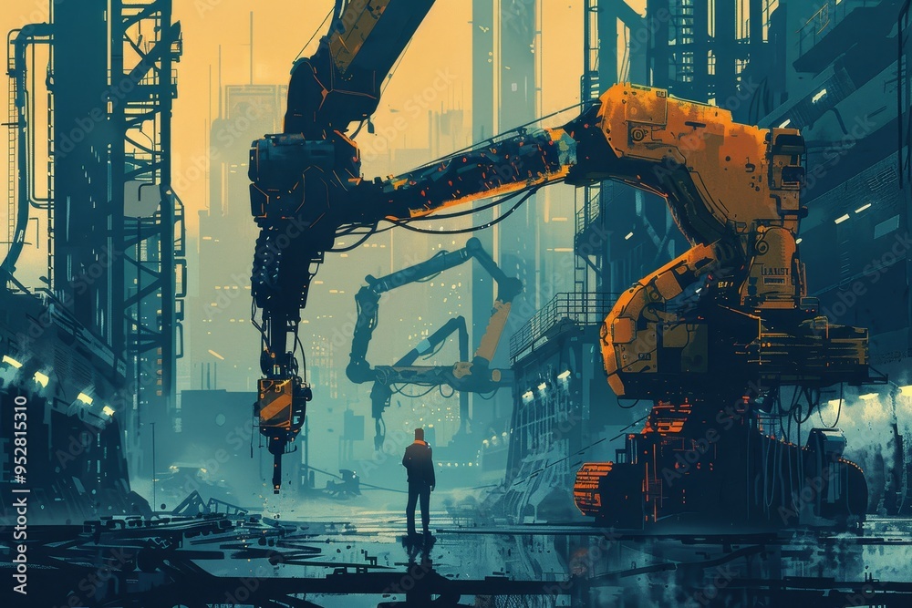 Aufkleber imagining a future where automation and technology shape the labor landscape