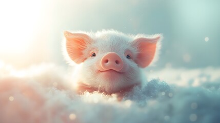 Adorable Baby Piglet Playing in Snow with Soft Pastel Glow