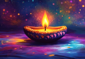 
Illustration of Diwali, a colorful background with oil lamps and flowers in shades of purple
