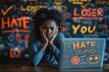 A African teenager with a sad expression sits in front of a laptop covered in hateful messages, surrounded by words of harassment, representing the emotional damage caused by cyberbullying.