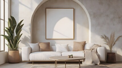 A minimalist living room featuring a white sofa, a vintage coffee table, an arched window, and a large, empty art poster frame, with a houseplant next to the coffee table and a throw blanket draped