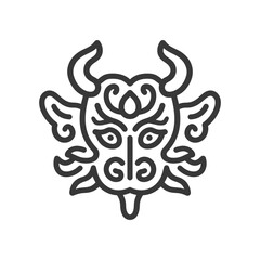 Stylized Black and White Outline of a Mythical Beast Face