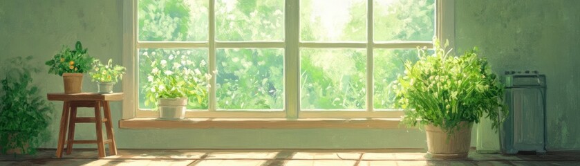 Bright indoor garden with lush plants near a window, casting natural light and shadows on the floor, creating a serene and peaceful atmosphere.