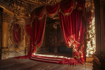 Lavish red velvet curtains framing a gilded stage