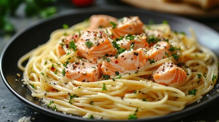 enjoy a feast with this delectably prepared salmon pasta, a treat for food enthusiasts a visual delight for the palate