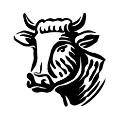 Hand drawn farm cow head. Dairy farm, milk, beef emblem. Black and white illustration sketch