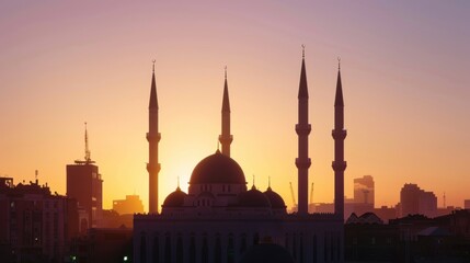 Mosque with minarets on the background of sunset. Concept of religion, Islam, tranquility.