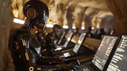 Fototapeta premium A black skull robot behind a monitor, watching hackers working on encryption among computer screens underground.