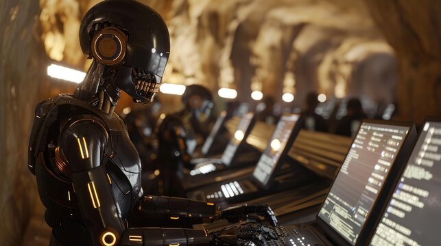 A black skull robot behind a monitor, watching hackers working on encryption among computer screens underground.