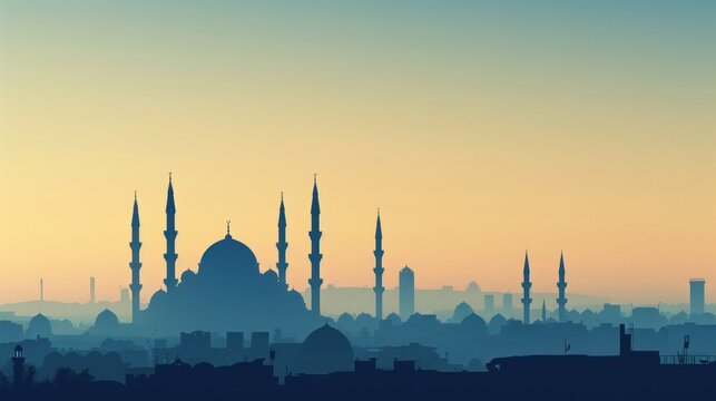 Mosque with minarets on the background of sunset. Concept of religion, Islam, tranquility.