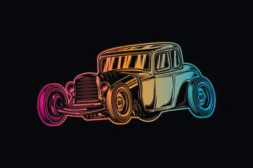 Fototapeta premium American hot rod. Classical model. Original vector illustration in vintage style isolated on black background. T-shirt design.