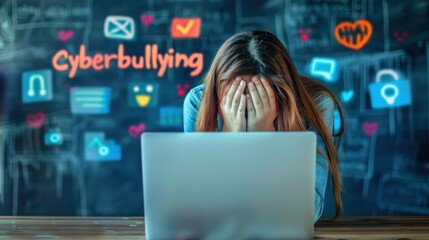 Young girl hides her face in despair while sitting in front of a laptop, surrounded by digital icons, illustrating the impact of cyberbullying on her mental health.