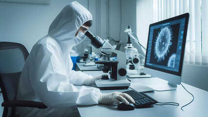 a scientist with glasses sits in protective overalls at a microscope and a computer. Virus. Monkey viru. crown. new viruses. Generated by AI