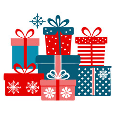 Colorful gift boxes with festive patterns and bows on a white background