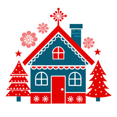 Fototapeta premium Charming and festive illustration of a decorated house with Christmas trees and snowflakes, cheerful and whimsical design