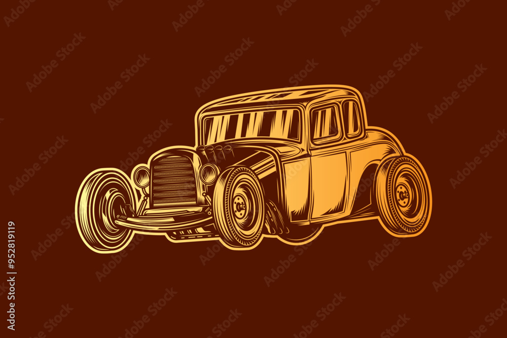 Wall mural american hot rod. classical model. original vector illustration in vintage style isolated on red bac