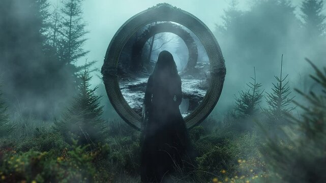 The woman in black at the mystic mirror in the forest