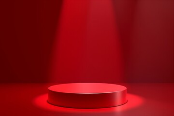 Minimal red podium for christmas product display. Color round pedestal placed on studio floor. 3D...