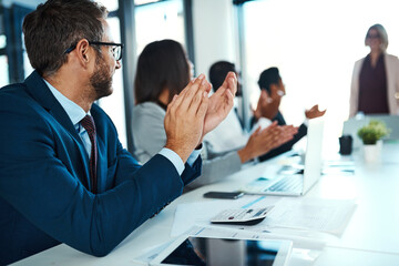 Meeting, presentation and business people in office with applause for success, proposal or ideas....