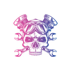 Skull wearing motorcycle goggles against a background of wrenches and an engine. Original vector illustration in vintage style isolated on white background. T-shirt design.