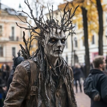A performer dressed as a tree creature during an autumn festival parade