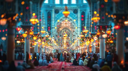 Interior of a mosque filled with worshippers under ornate, illuminated lanterns during a religious gathering.