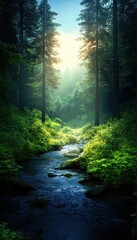 Serene forest stream flowing through lush greenery with sunlight filtering through tall trees, creating a tranquil and picturesque scene.