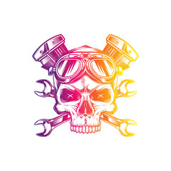 Skull wearing motorcycle goggles against a background of wrenches and an engine. Original vector illustration in vintage style isolated on white background. T-shirt design.