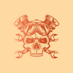 Skull wearing motorcycle goggles against a background of wrenches and an engine. Original vector illustration in vintage style isolated on light background. T-shirt design.