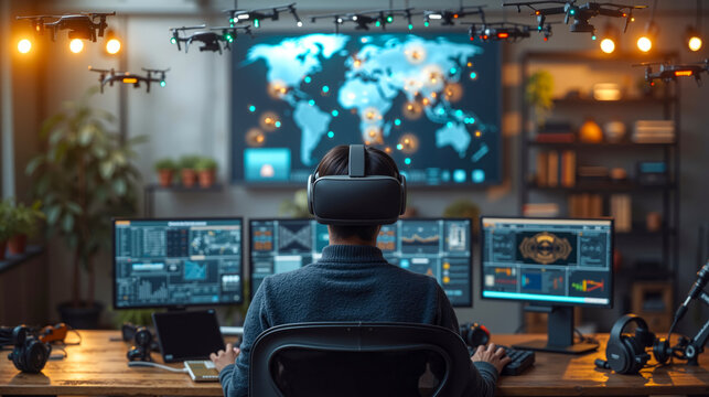 A man sitting at a desk in front of two computer monitors with drones flying overhead