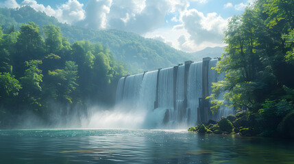 Fototapeta premium Powerful Hydroelectric Dam with Water Gushing Through – Renewable Energy Generation