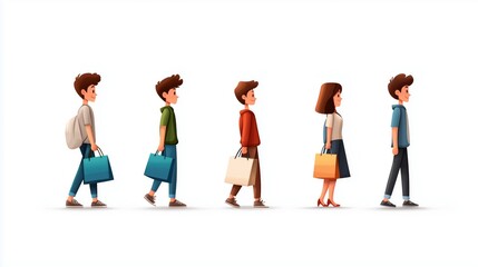 Group of diverse cartoon characters walking with shopping bags, representing a variety of shoppers in a minimalist and clean design on a white background