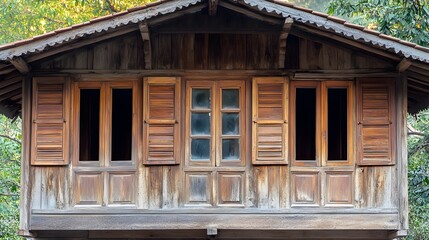 Weathered Wooden Cabin in Serene Countryside Landscape