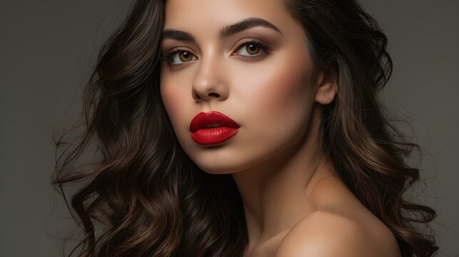 "Hermosa mujer maquillada, destacando con labios rojos vibrantes, mirada intensa y expresi&oacute;n elegante. Una imagen que captura la confianza y el glamour en su m&aacute;xima expresi&oacute;n."