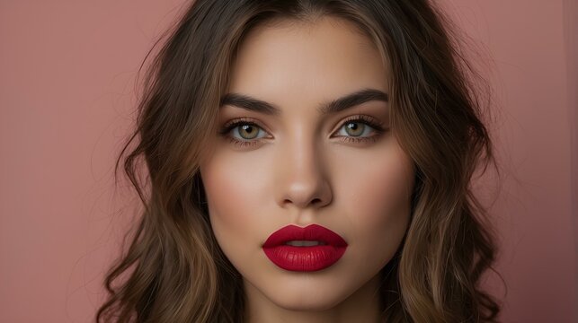 "Hermosa mujer maquillada, destacando con labios rojos vibrantes, mirada intensa y expresi&oacute;n elegante. Una imagen que captura la confianza y el glamour en su m&aacute;xima expresi&oacute;n."