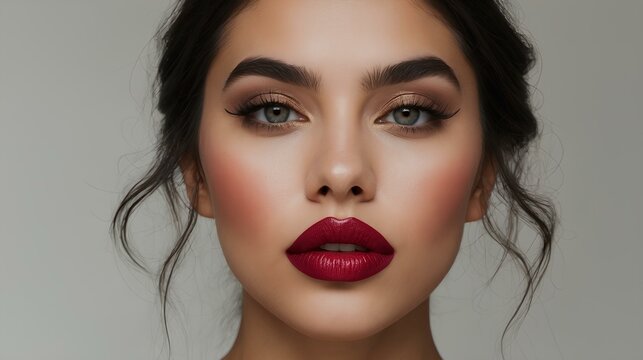 "Hermosa mujer maquillada, destacando con labios rojos vibrantes, mirada intensa y expresi&oacute;n elegante. Una imagen que captura la confianza y el glamour en su m&aacute;xima expresi&oacute;n."