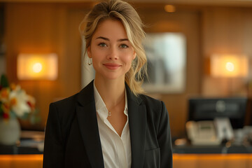 Professional Woman Standing Behind a Sleek Modern Hotel Reception – Welcoming Guests with Style