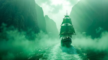 A tall ship sailing through a foggy sea in the middle of a mountain range